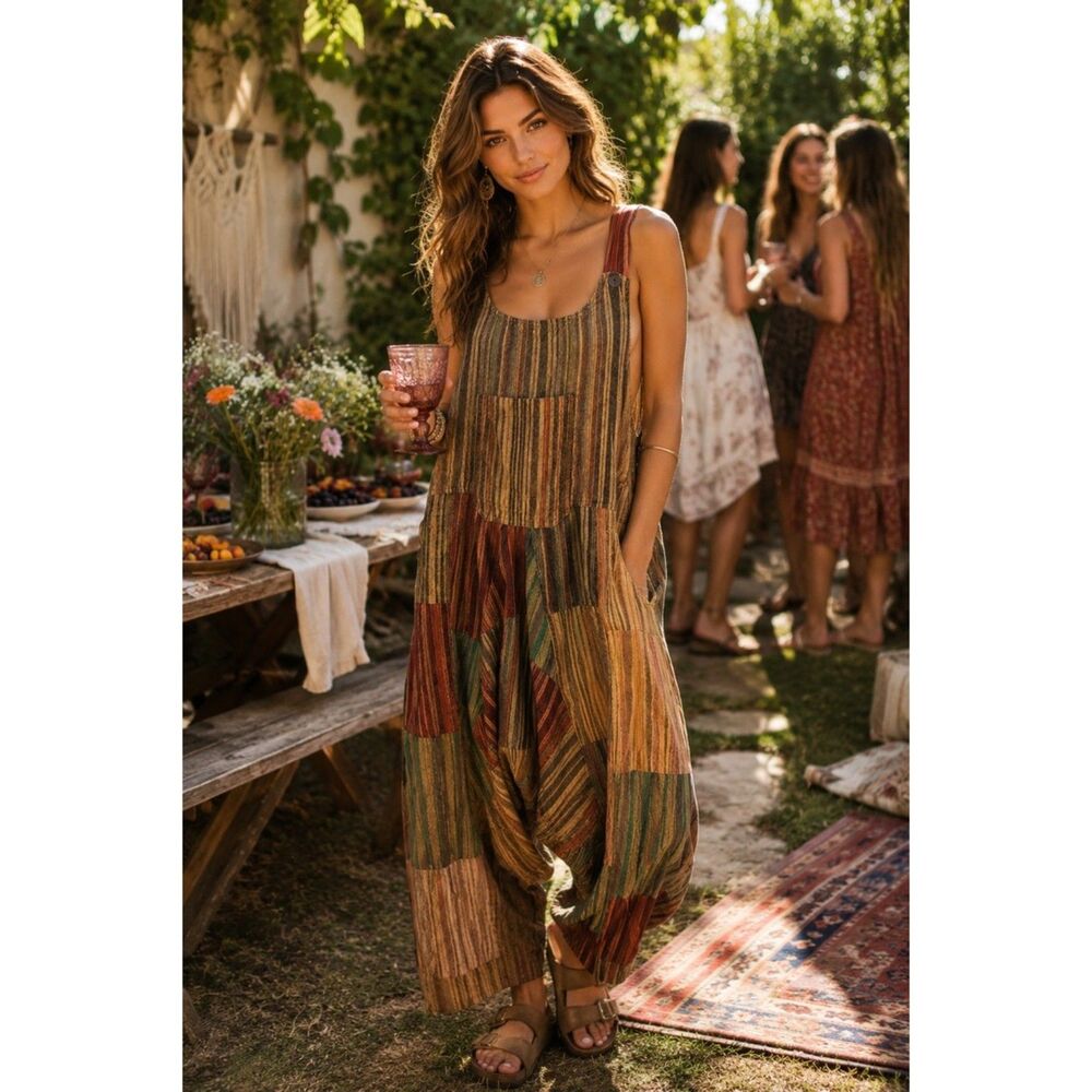 Patchwork Harem Overalls Women’s Cotton Striped Boho Drop Crotch Jumpsuit